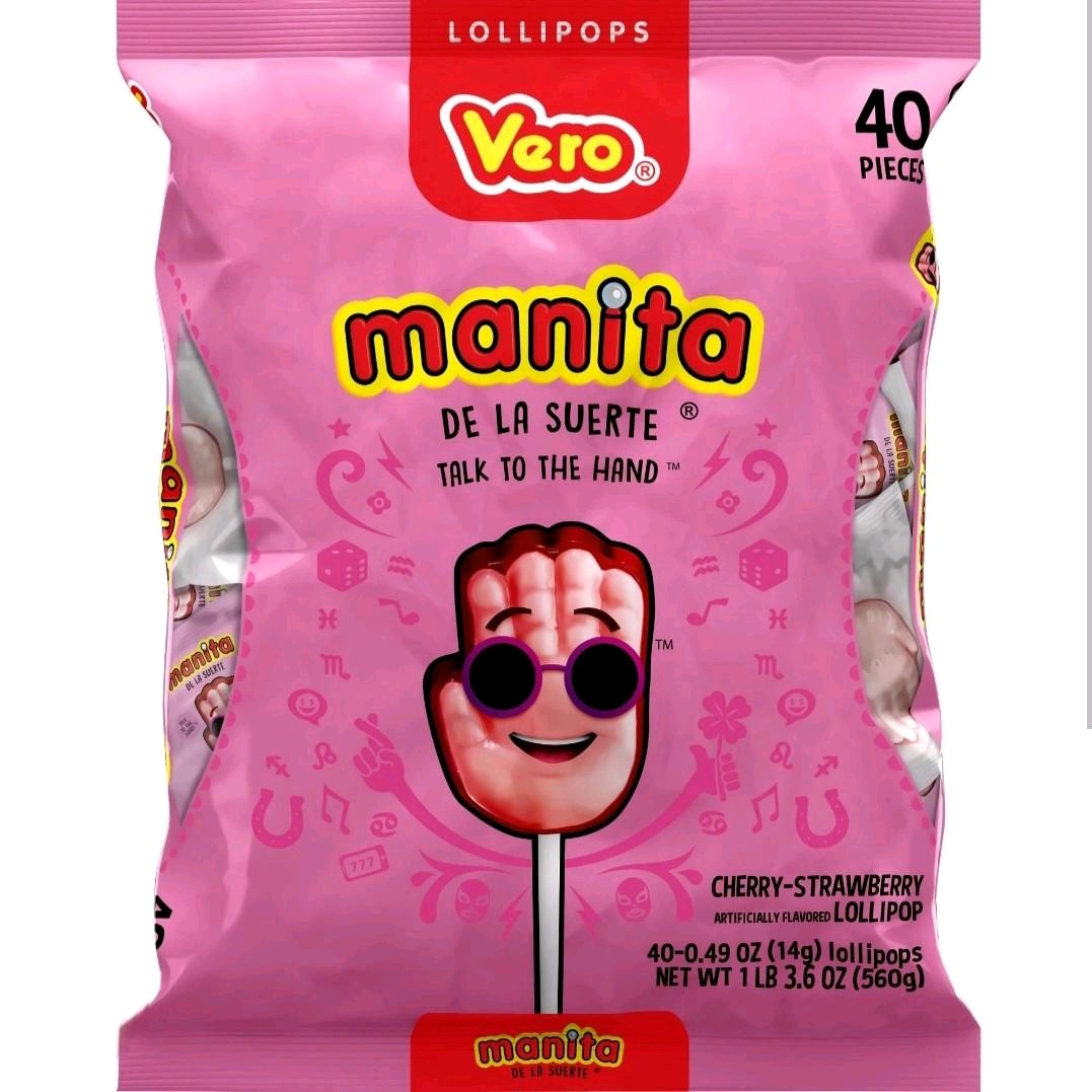 Vero Paleta Manitas de la fortuna 40 pzas en bolsa sabor fresa y cereza