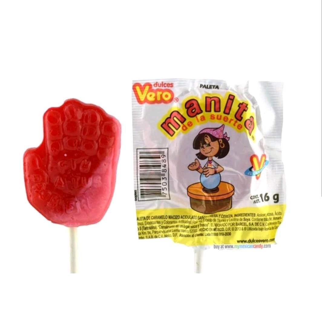 Vero Paleta Manitas de la fortuna 40 pzas en bolsa sabor fresa y cereza